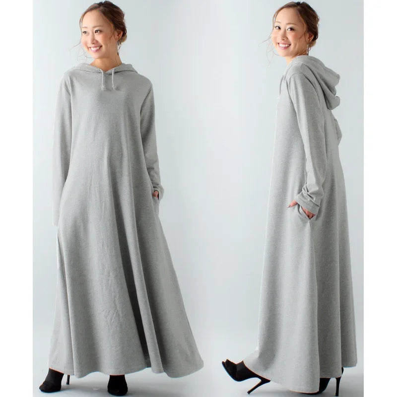 Women’s Maxi Pleated Dress with Pockets | Korean Fashion Winter Hooded Dress Mavy