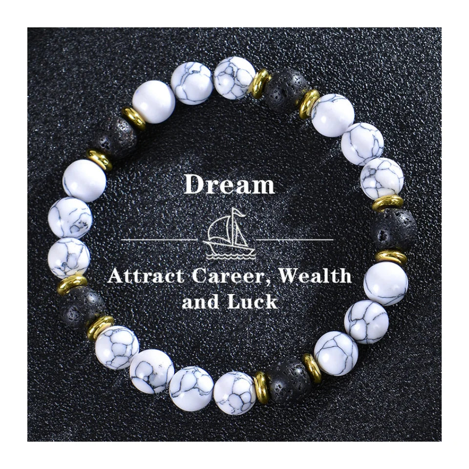 Handmade 8mm White Howlite & Lava Stone Beaded Bracelet | Natural Stone Jewelry for Career, Wealth, Luck & Personal Meaning Lilia