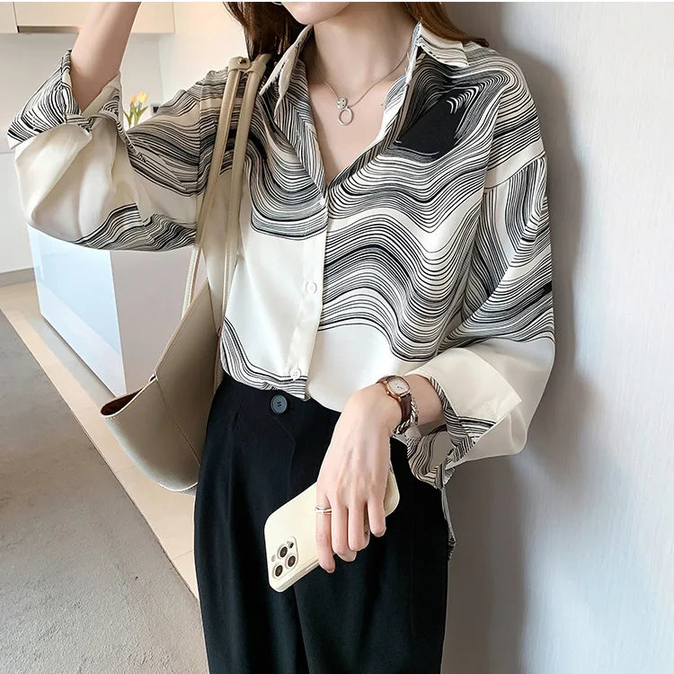 Women's Plus-Size Loose-Fit Printed Long-Sleeve Lapel Shirt – Casual and Stylish New Fashion Linda