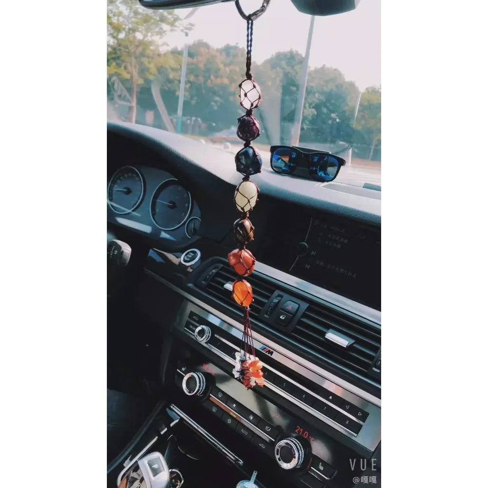 7 Chakra Irregular Natural Stone Pendant – Multicolor Handwoven Seven Chakra Energy Healing Crystal Gemstone Car Charm