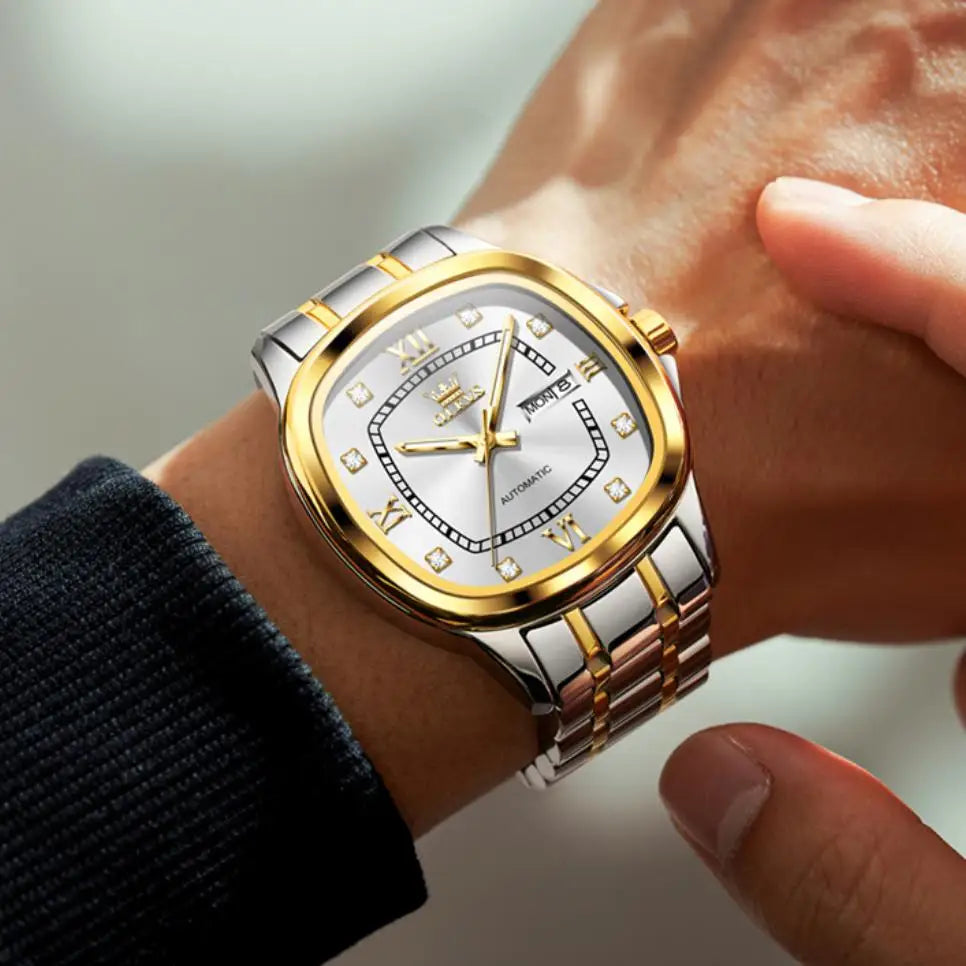 OLEVS 9810 Men's Automatic Mechanical Watch - Waterproof Stainless Steel Square Dial with Luminous Display & Calendar