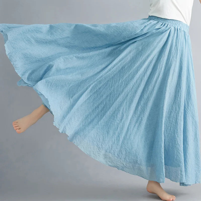 Women Loose Cotton Linen Elastic Waist A-line Solid Color Pleated Skirt