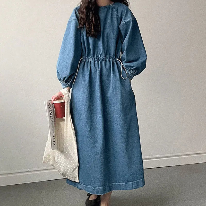 Retro Denim Dress | Spring Round Neck Tie-Waist Large Swing Washable Style Emma