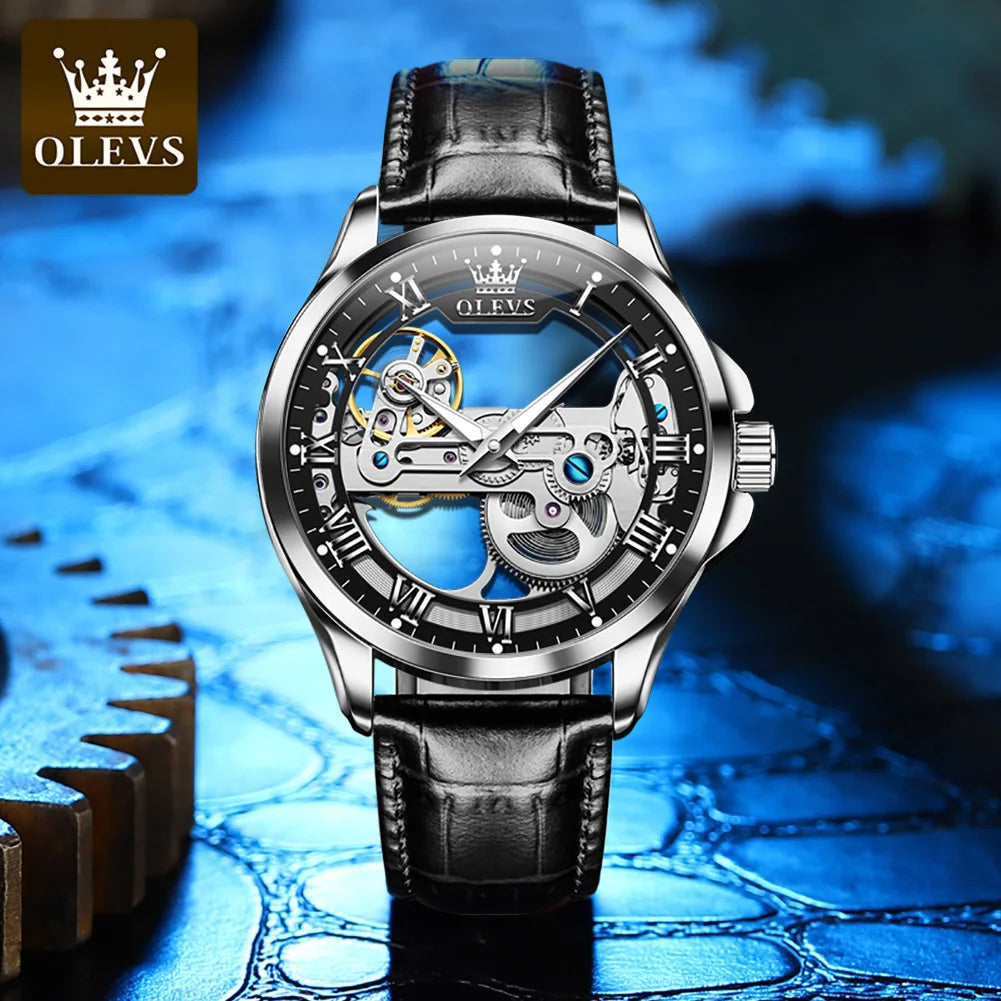 OLEVS 6661 Men's Mechanical Watch – New Design, Skeleton Dial, Real Leather Band, Waterproof, Transparent Mirror Wristwatch