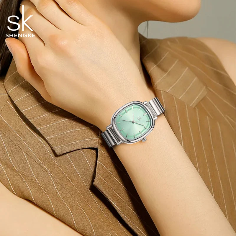 Shengke Women's Fashion Square Quartz Watch – Elegant Gold & Rose Gold Bracelet Watch, Minimalist Stainless Steel Design