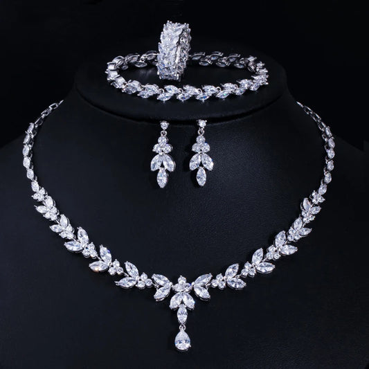 4pcs Delicate Leaf-Shaped Cubic Zirconia Jewelry Set – Drop Earrings, Necklace, Bracelet & Ring | Luxury Dubai Bridal Wedding Jewelry for Women Adela