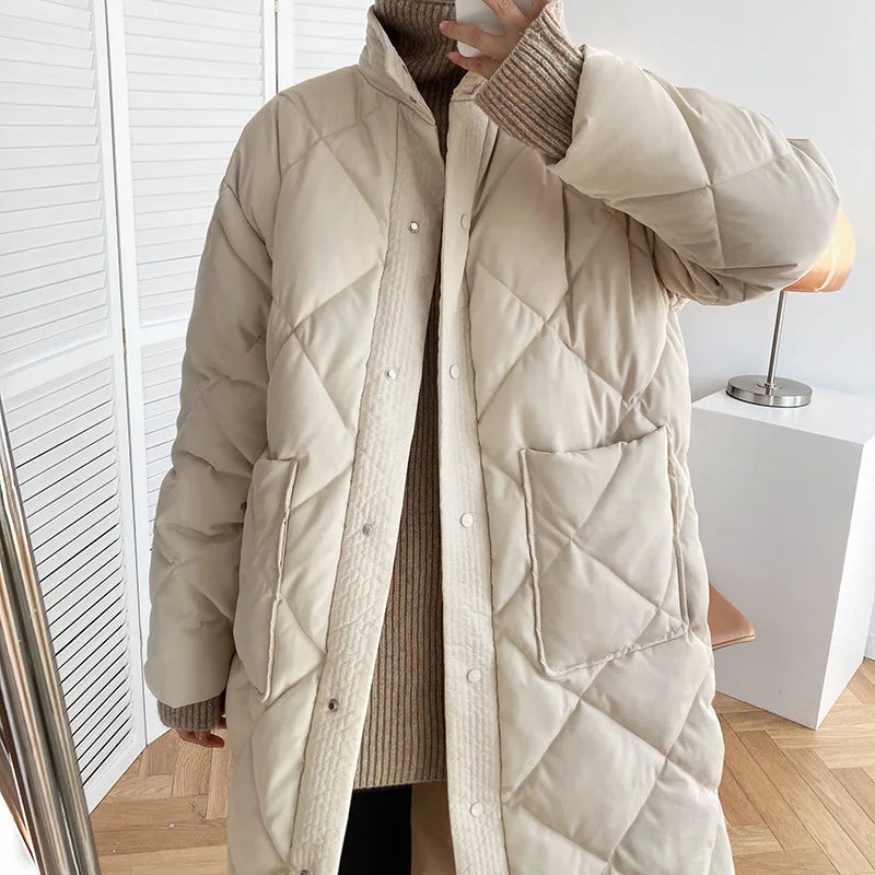Winter Korean Style Long Cotton-Padded Coat for Women - Casual Stand-Up Collar Argyle Plaid Oversized Parka, Chic Jacket Hester