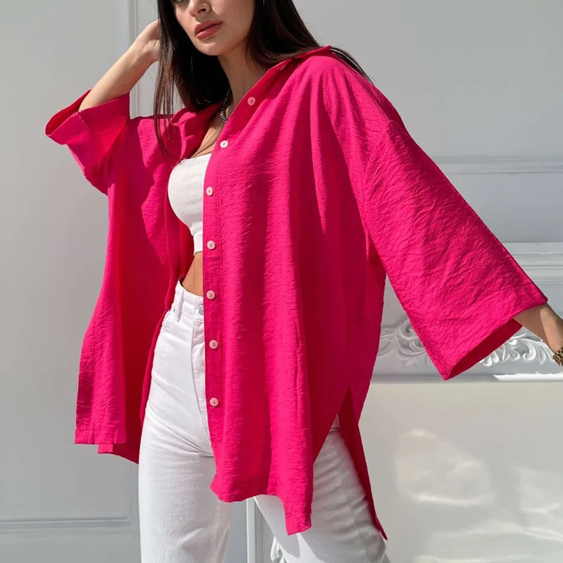 Women Spring Summer Comfortable Casual Solid Color Split Shirt Casual Loose Flared Sleeves Shirt