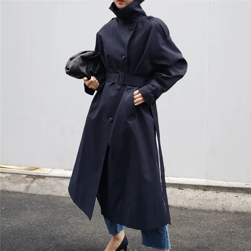 Women's Slim Fit Trench Coat – Mid-Length Korean Style with Standing Collar and Lace-Up Waist for Autumn Cinder