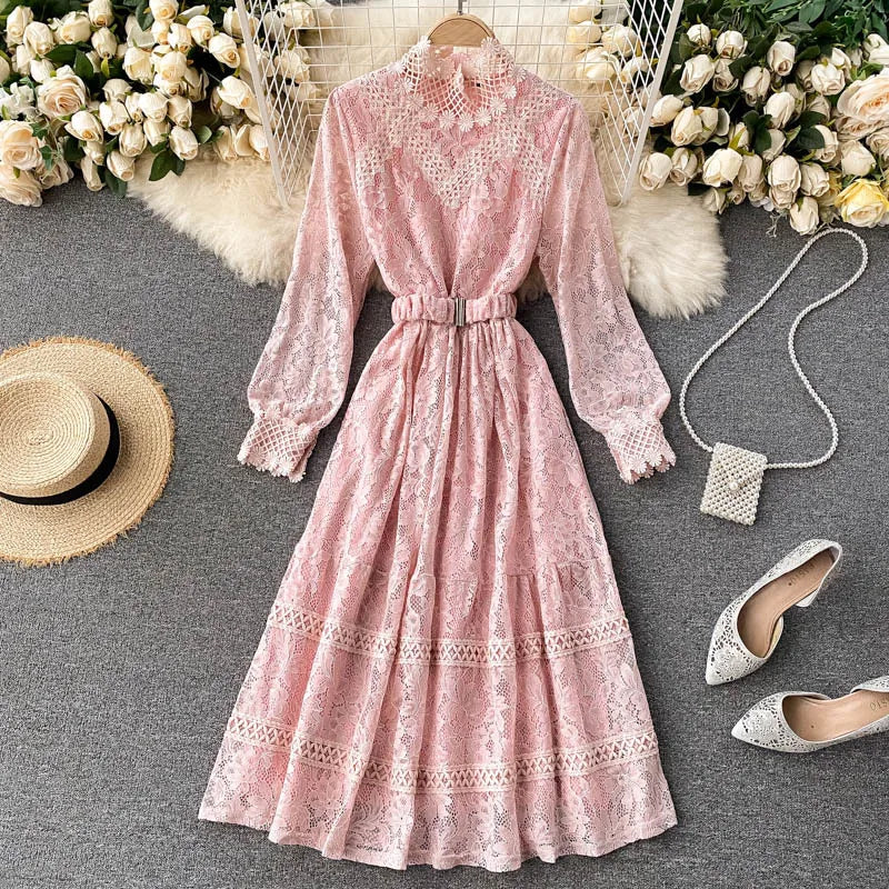 Women's Fall Winter Long-Sleeve Lace Midi Dress – Elegant Hollow-Out Design with Stand Collar and Empire Waist