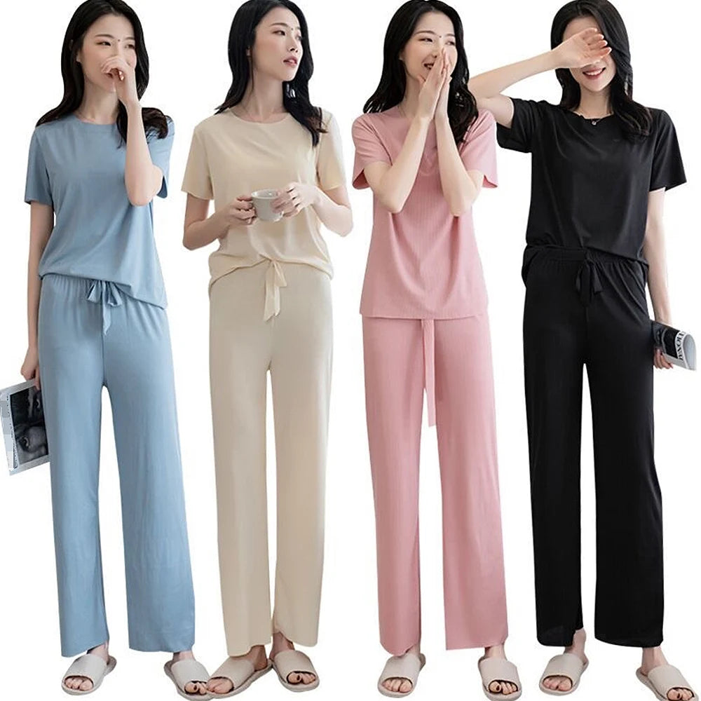 Women's Summer Casual Two-Piece Set – Solid Color Short Sleeve T-Shirt and Wide-Leg Trousers