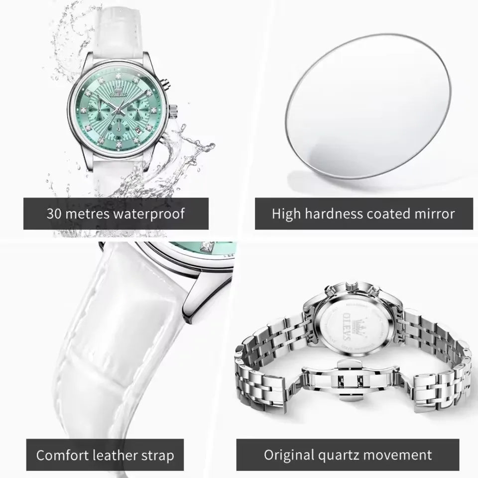 OLEVS 3669 Women's Quartz Watch – Multifunctional Elegant Wristwatch with White Leather Band, Calendar, and Luminous Hands – Perfect Gift for Ladies