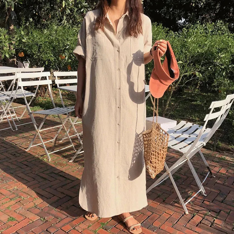 Korean Chic Summer Cotton Dress | Simple Lapel, Single-Breasted, Short-Sleeve Women's Fashion Mayella