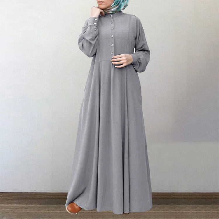 Long Sleeve Retro Ethnic Abaya with Buttons | Elegant Muslim Dress for Women Amira