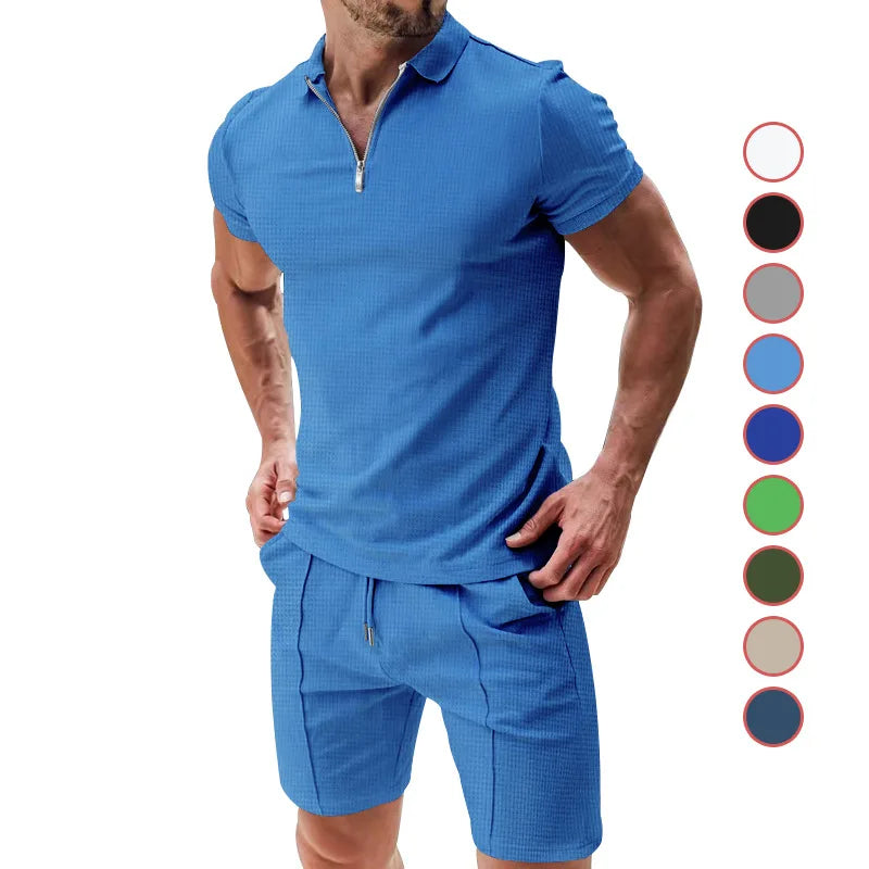 Men's Summer Polo Shirt Set | Solid Color Waffle Short-Sleeve Slim Lapel T-Shirt & Casual Outfit Carlo