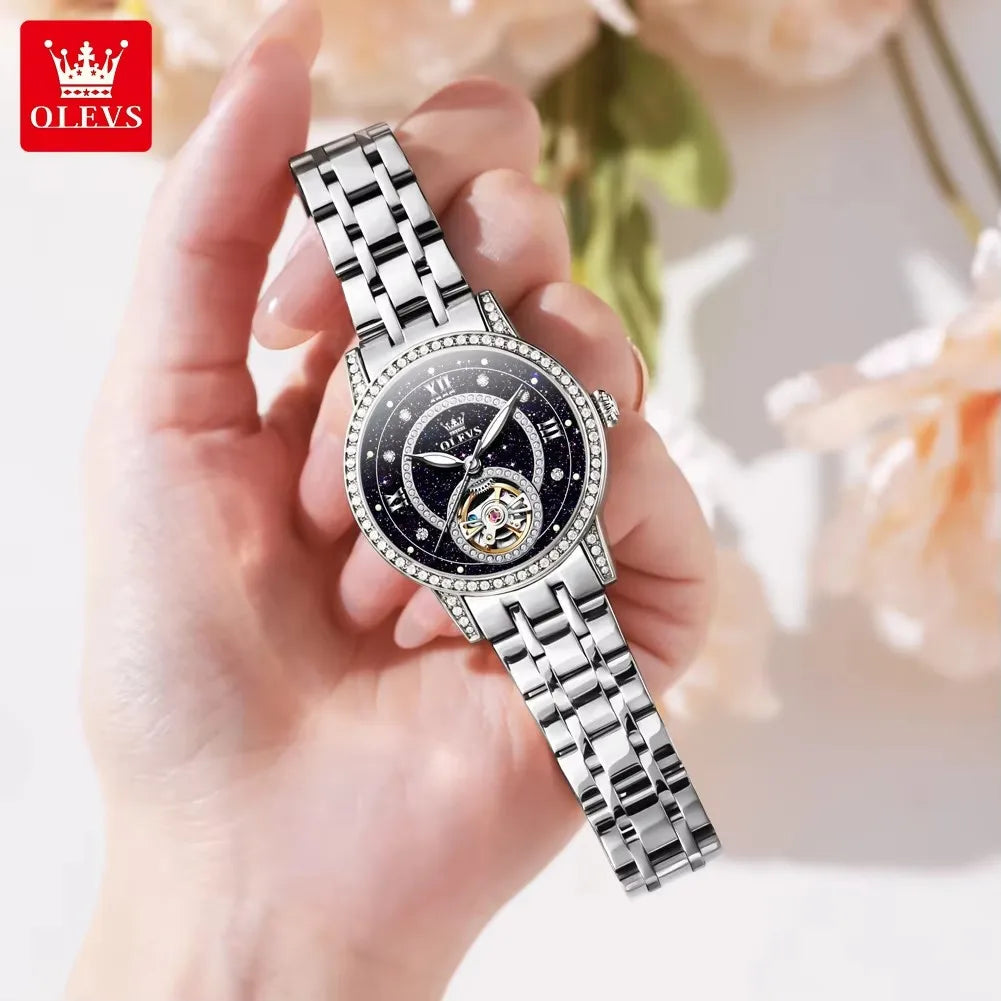 OLEVS 7036 Women’s Skeleton Mechanical Watch – Diamond Bezel Elegant Automatic Ladies Wristwatch