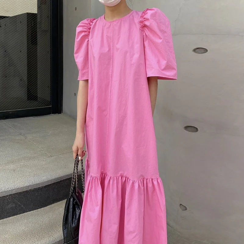 Casual Women's Cotton Dress – Round Neck, Korean Style, Puff Sleeves, and Ruffled Solid Color Design Alexia