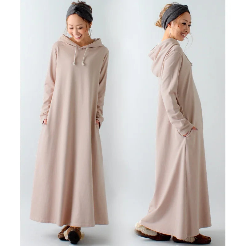 Women’s Maxi Pleated Dress with Pockets | Korean Fashion Winter Hooded Dress Mavy