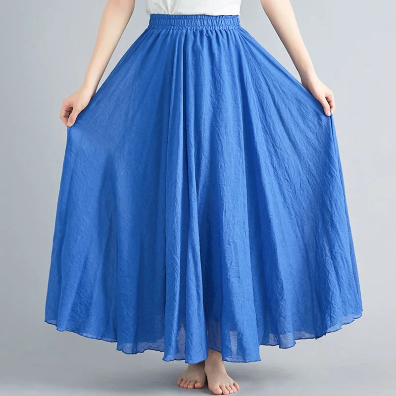 Women Loose Cotton Linen Elastic Waist A-line Solid Color Pleated Skirt