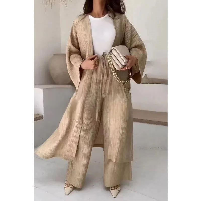 Women's Pleated Texture Top and Straight Casual Pants Set – Stylish Autumn Outfit