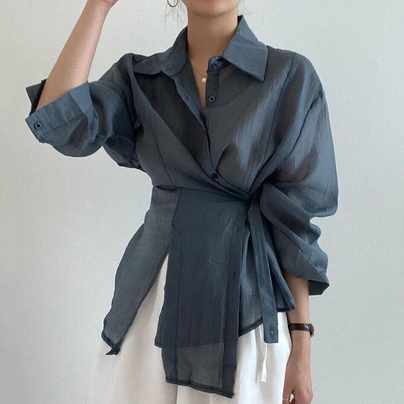 Women's Tie Waist Long Sleeve Shirt with Lapel and Irregular Hem