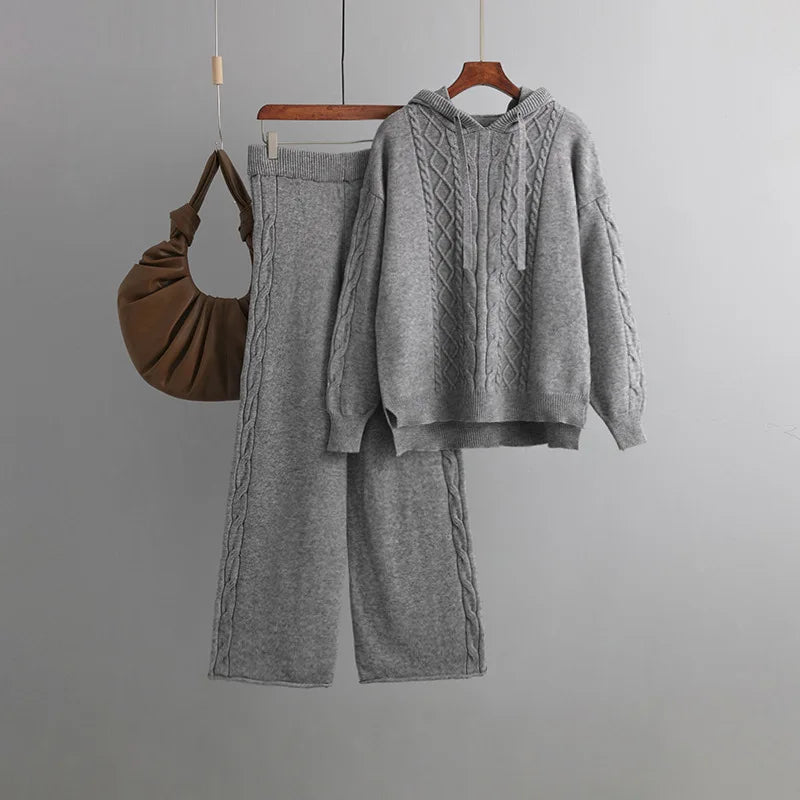 Women’s Warm Knit Jumpsuit Set – Hooded Cable Pullover and Two-Piece Sweater Outfit | Cotton-Nylon Blend Lorelei