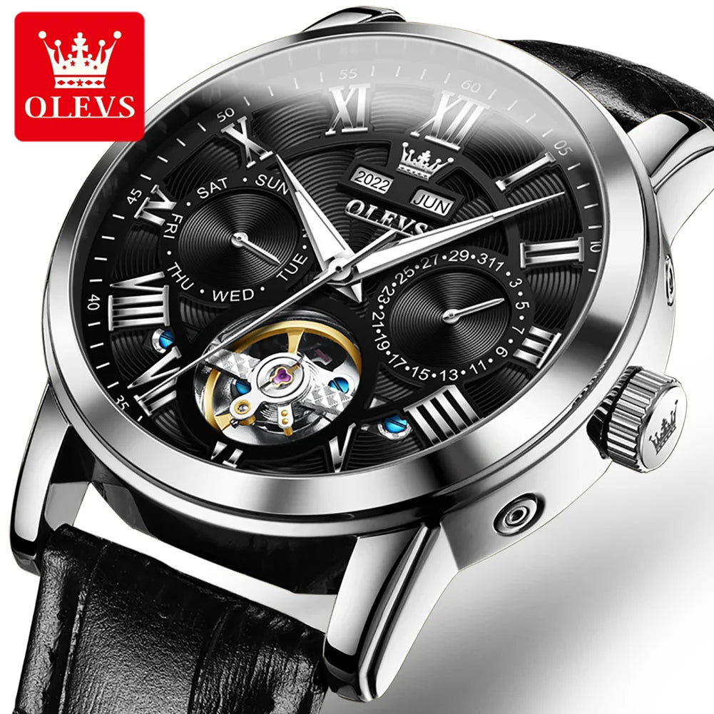OLEVS 6668 Men's Mechanical Watch - Luxury Business Wristwatch with Genuine Leather Band, Waterproof and Luminous Design
