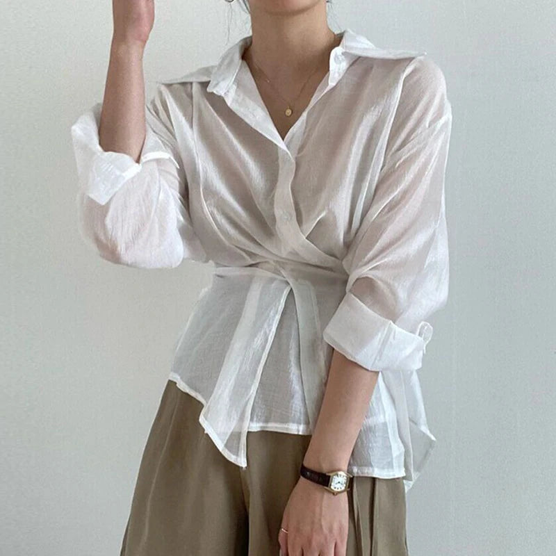 Women's Tie Waist Long Sleeve Shirt with Lapel and Irregular Hem