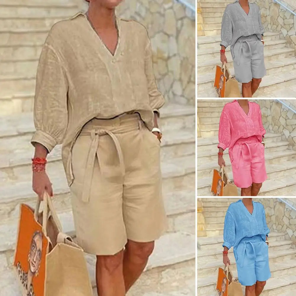 Women's Summer Cotton Linen Set | V-Neck Loose Shirt & Casual Shorts Bea