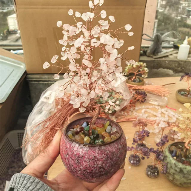 Natural Healing 7 Chakra Quartz Crystal Money Tree – DIY Ornaments with Copper Wire and Ceramic Bowl Base