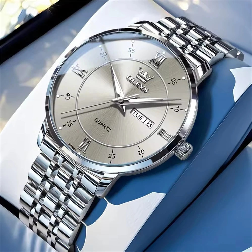 OLEVS 3680 Men's Quartz Watch – Original Movement, Stainless Steel, Waterproof, Luminous Large Dial, Date Function, New Design