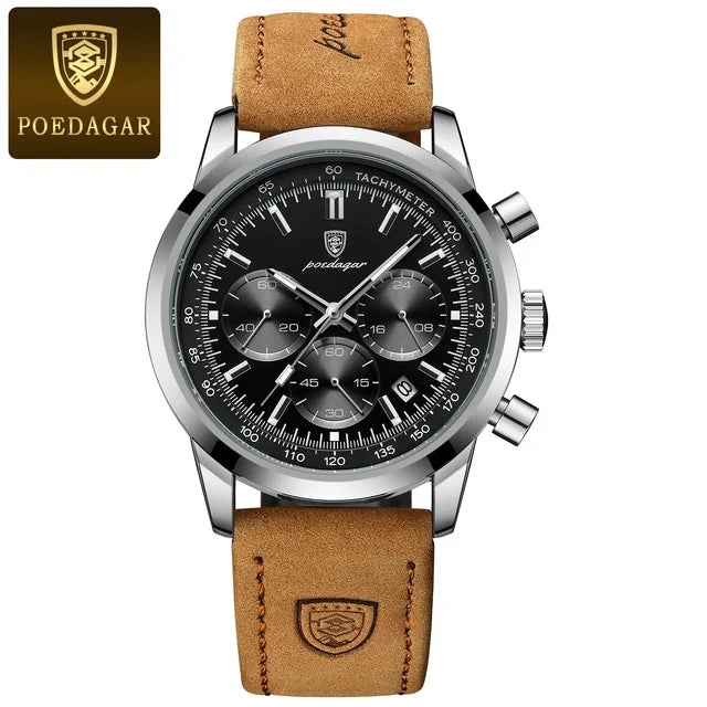 POEDAGAR 921 Top Brand Luxury Man Watch Waterproof Chronograph Luminous Date Wristwatch for Men Quartz Leather Men's Watches Sylvain