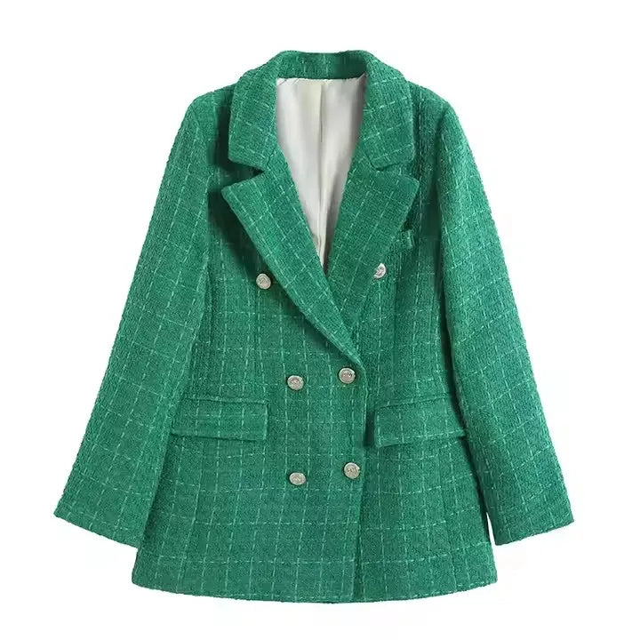 Women's Vintage Houndstooth Blazer Coat - Long Sleeve Double-Breasted Outerwear with Flap Pockets Constantia