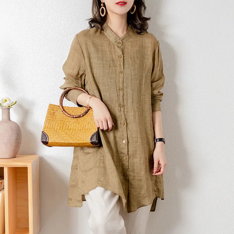 Women Long Shirts Cotton Linen Stand Collar Retro Long Sleeve Button Spring Summer Tops Casual Shirt