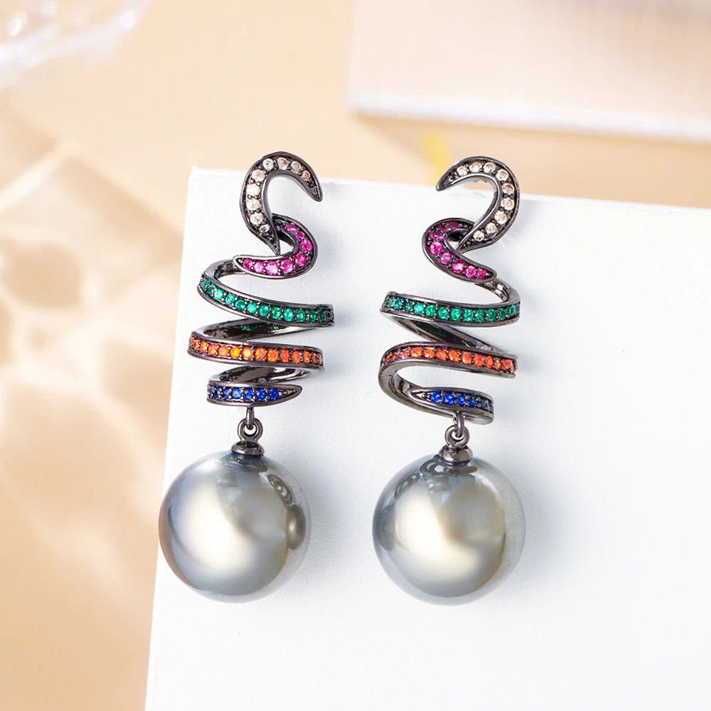 Elegant Multicolor Cubic Zirconia Dangle Earrings for Women – Geometric Design with Simulated Grey Pearls, Perfect for Weddings & Parties Ophelia
