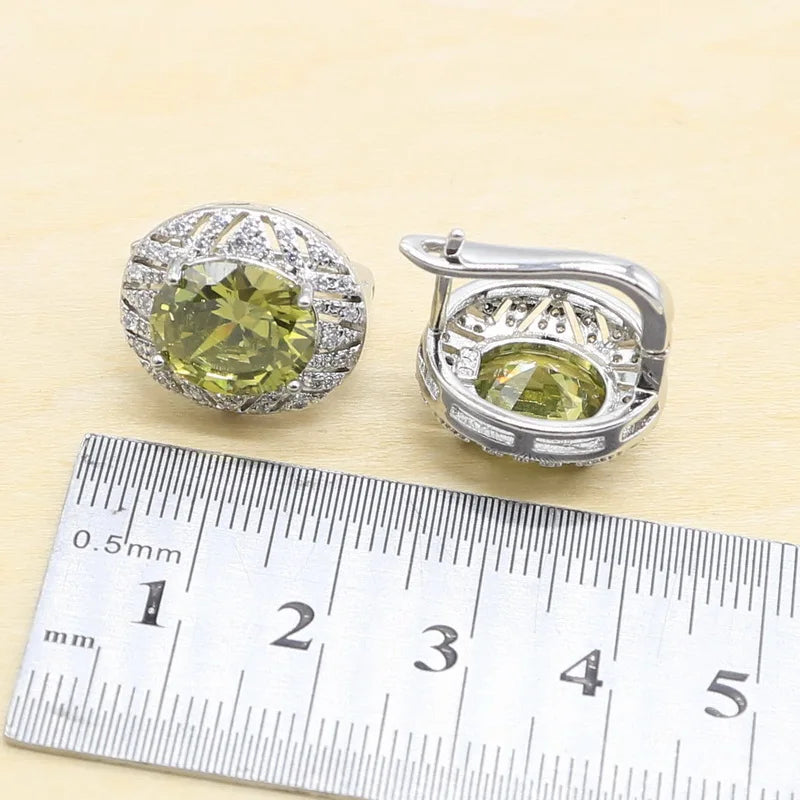 925 Sterling Silver Jewelry Set for Women – Olive Peridot & White Zircon Bracelet, Earrings, Necklace & Ring | Perfect for Parties & Weddings Coraline