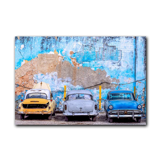 Vintage Car and Blue Wall Canvas Art – Still Life Print for Home, Restaurant Wall Decoration
