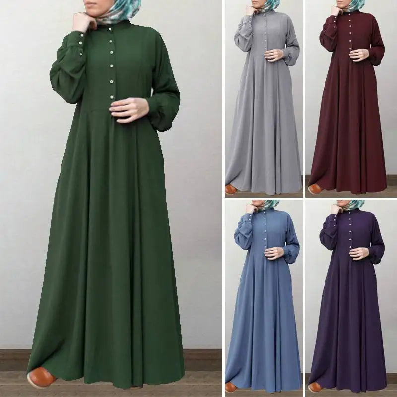 Long Sleeve Retro Ethnic Abaya with Buttons | Elegant Muslim Dress for Women Amira