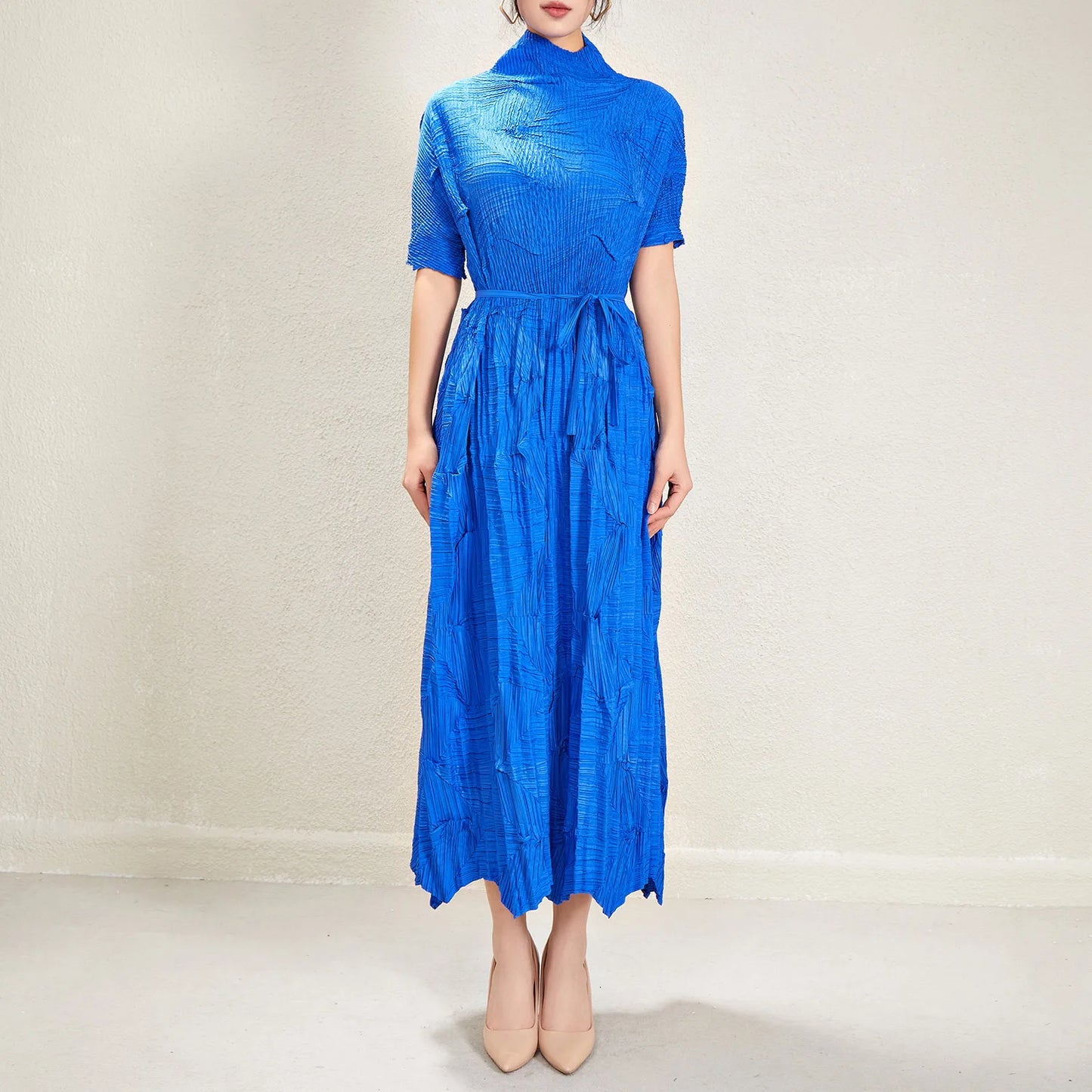 Women's Elegant Pleated Maxi Dress | Miyake Style with Belt, Breathable & Heat-Resistant Design Viviene