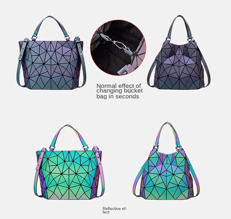 Reflective Geometric Handbag - Customizable Bucket Bag with Luminous Folding Design Dahlia