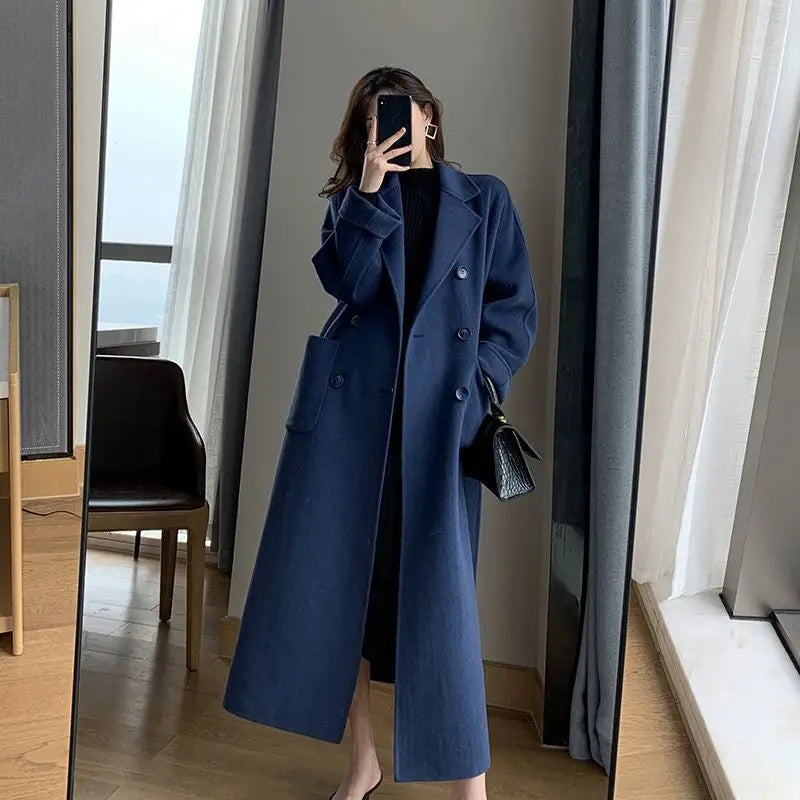 Women's Long Wool Coat – Elegant Solid Color Lapel V-Neck Midi Overcoat Victoria
