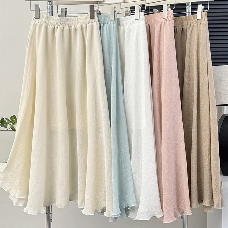 Casual Pleated Long Skirt | Women's High-Waist Solid Color A-Line Korean Fashion Skirt Jamie