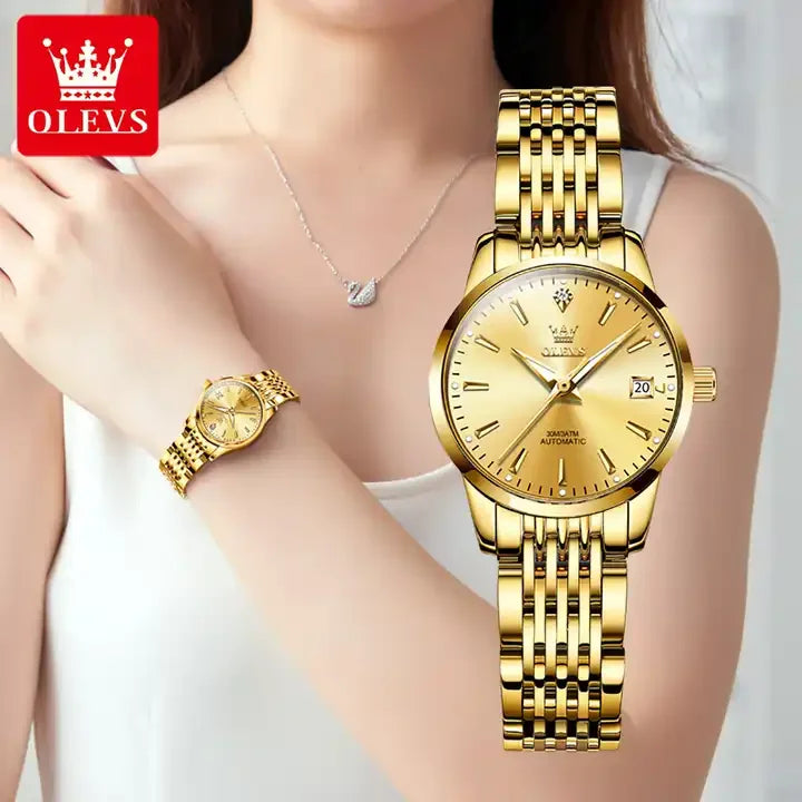 Olevs 6635 Automatic Luxury Watch - Women's Stainless Steel Strap, Classic Fashion Design, Mechanical Movement with Calendar & Date