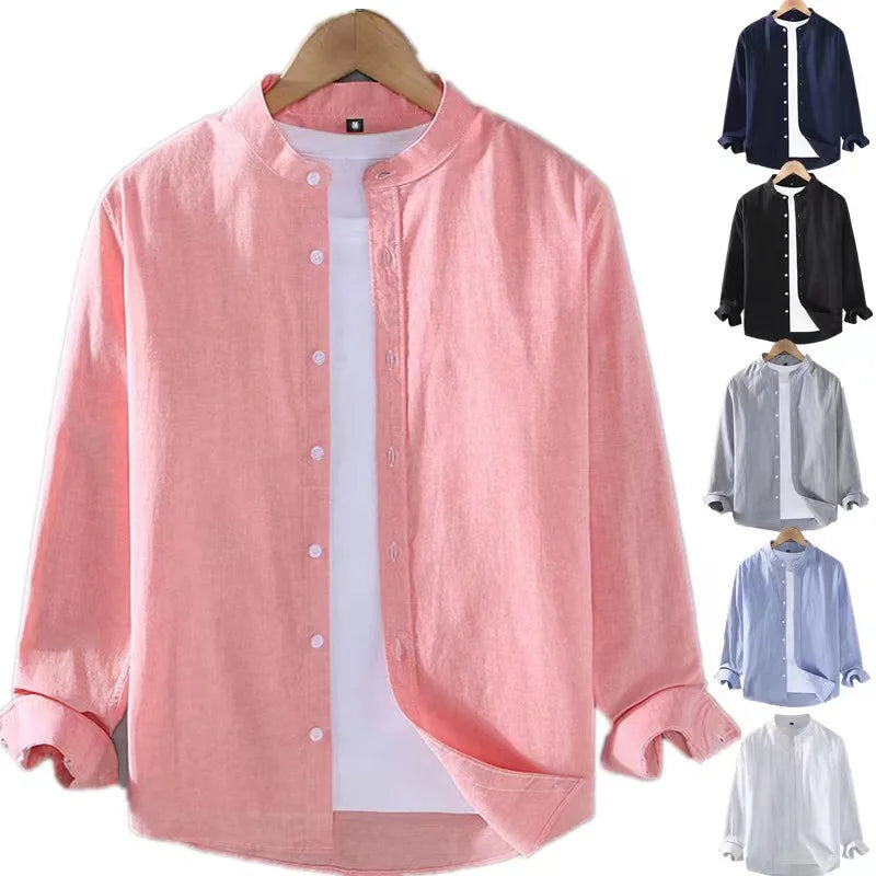 Men Button Linen Shirt Long Sleeve