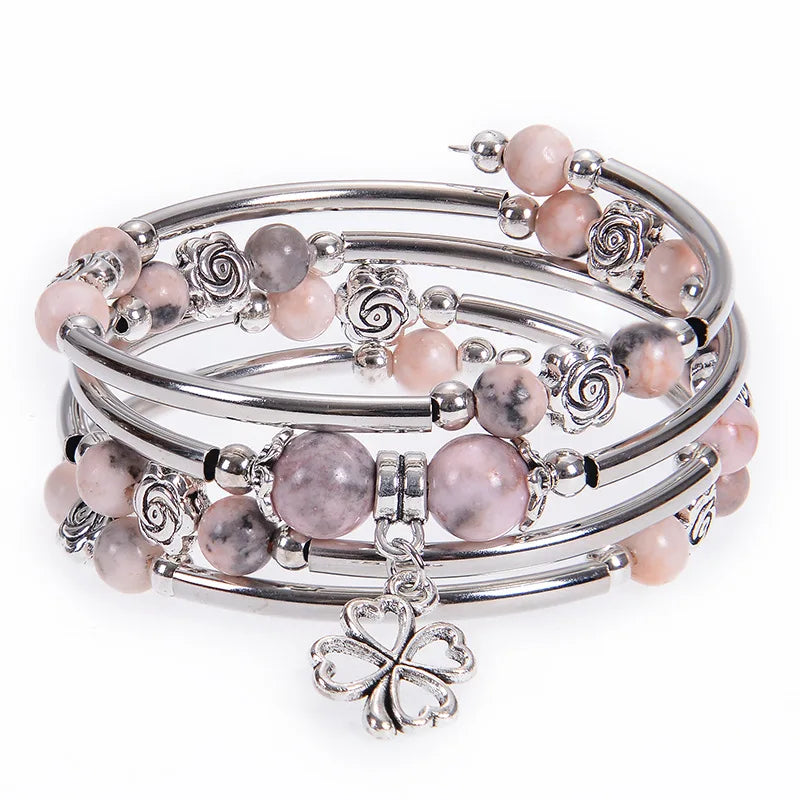 Fashion Multilayer Natural Stone Beaded Bracelet – 6MM/8MM Pink Zebra Stone with Flower Pendant | Handmade Wrap Jewelry for Women Marielle