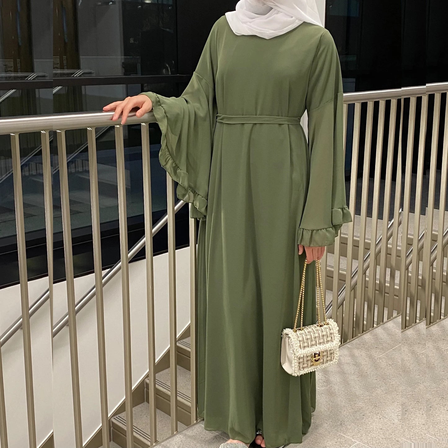 Chiffon Abaya with Ruffled Sleeves – Modest Islamic Clothing for Women | Turkey & Dubai Style Muslim Dress Samira