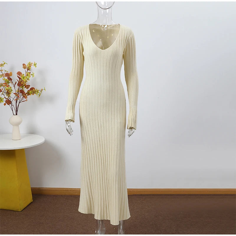 Elegant Ribbed Knit A-Line Maxi Dress for Women – Fall Winter V-Neck Long Dress | Simple & Chic Style Alexa