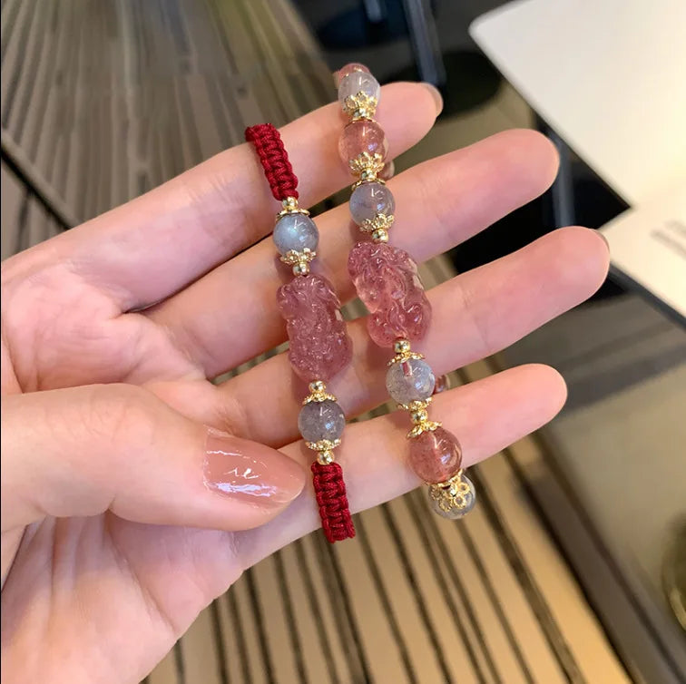 Strawberry Quartz Pi Xiu Bracelet for Women – Natural Crystal Bracelet with Red Woven Strap | Perfect Gift for Girlfriends