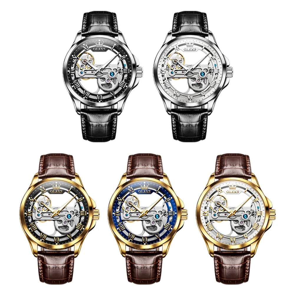 OLEVS 6661 Men's Mechanical Watch – New Design, Skeleton Dial, Real Leather Band, Waterproof, Transparent Mirror Wristwatch