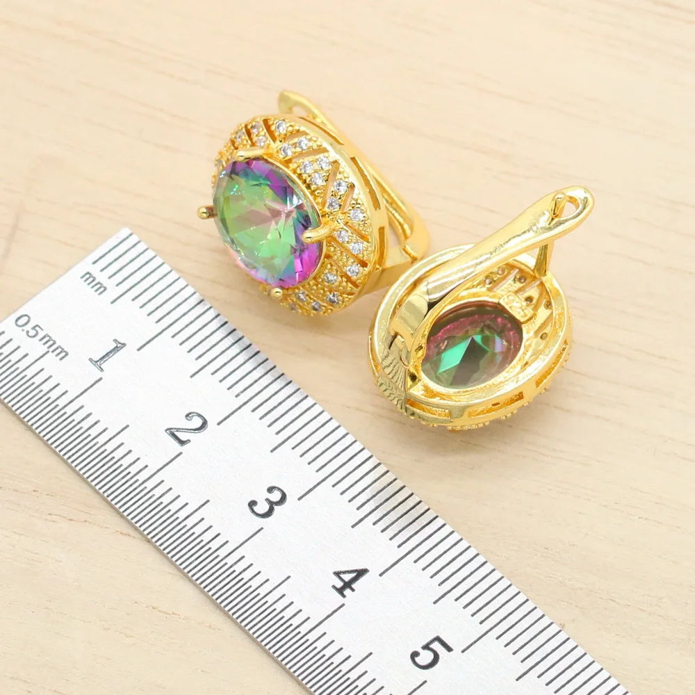 Geometric Gold-Plated Jewelry Set for Women – Rainbow Stone Alloy Bracelet, Hoop Earrings, Necklace & Ring | Perfect Wedding, Party & Birthday Gift Mireille